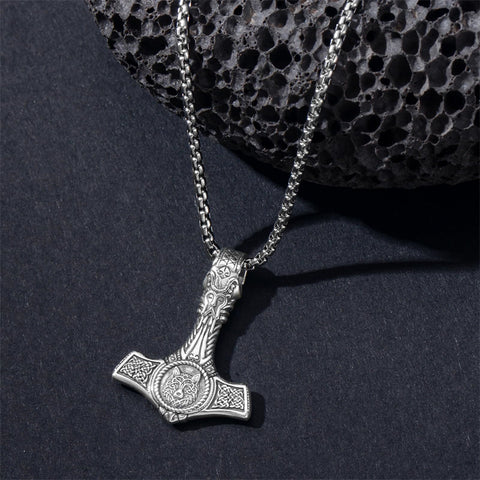 Sterling Silver Celtic Knot Wolf Thors Hammer Pendant Necklace for Men