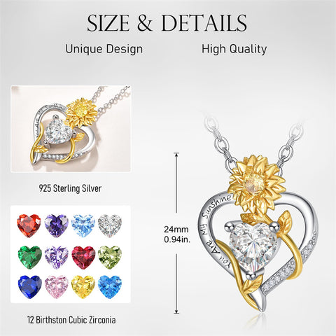 Sterling Sliver Birthstone Love Heart & Sunflower Pendant Necklace Engraved With You Are My Sunshine