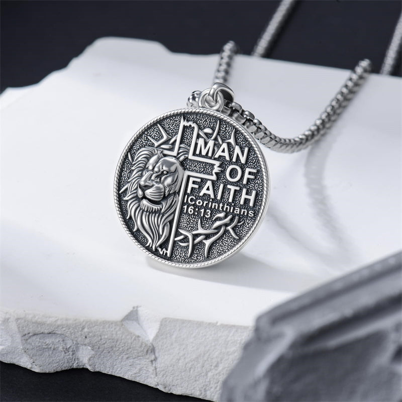 Sterling Silver Faith Bible Lion Pendant Necklace for Men