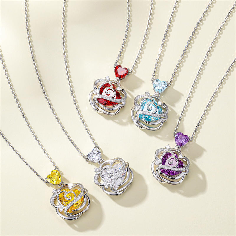 Sterling Silver Thornless Pulse Heart Birthstone  Rose Pendant Necklace