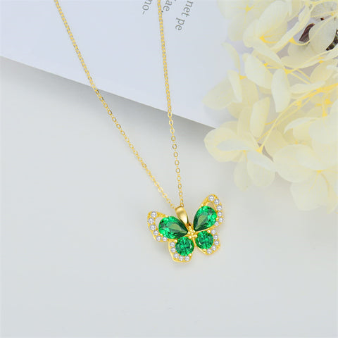 14K Solid Gold Butterfly Necklace for Women Real Yellow Gold Butterfly Pendant Necklace, Jewelry Gift for Her, 16+1+1 Inch