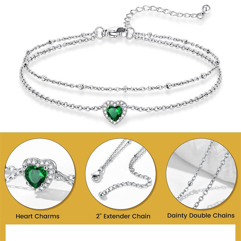 Sterling Silver Birthstone Double Layer Anklet for Beach Weddings, Summer Vacations & Pool Parties