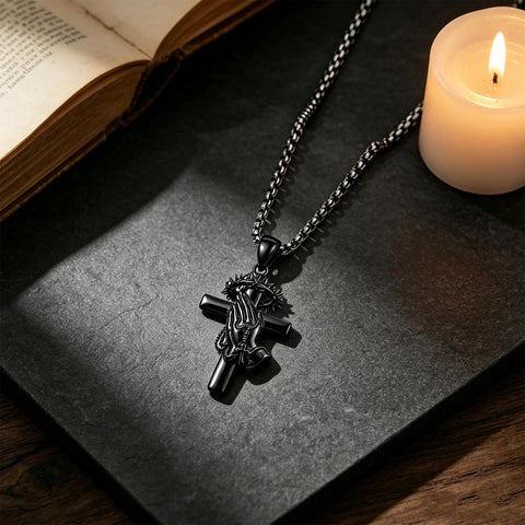 Sterling Silver Praying Hands Angel Sword Wing Cross Pendant Necklace Religious Gifts for Men