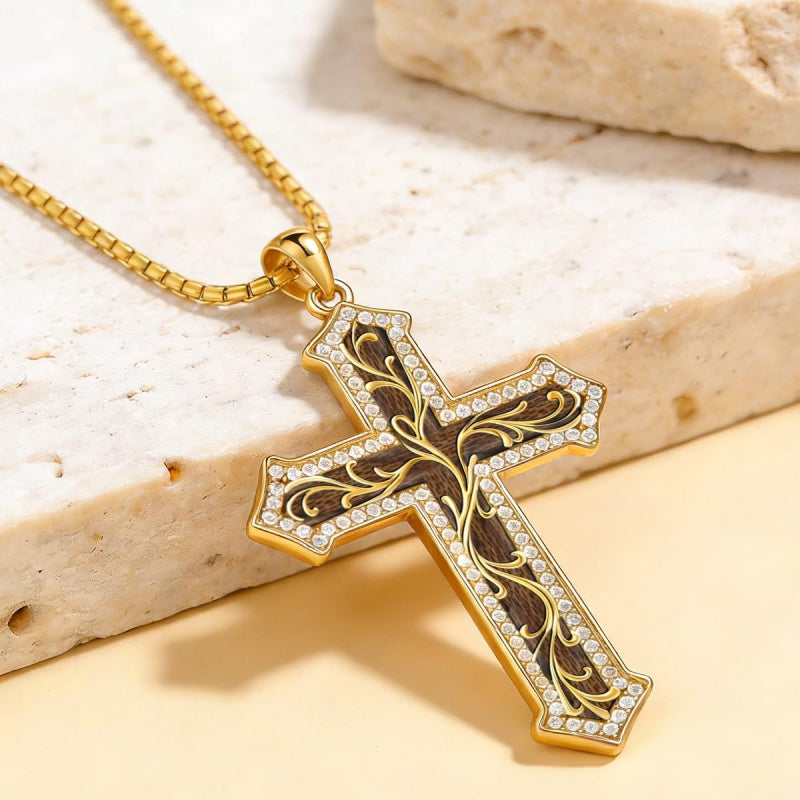 14K Gold Plated Turquoise  Abalone Shell Malachite Wood Filigree Cross Pendant Necklace