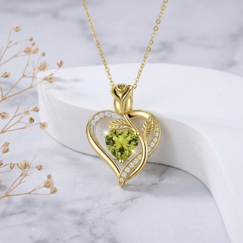 14K Gold Plated 12 Months Birthstone Rose Flower Pendant Necklace Anniversary Birthday Gift