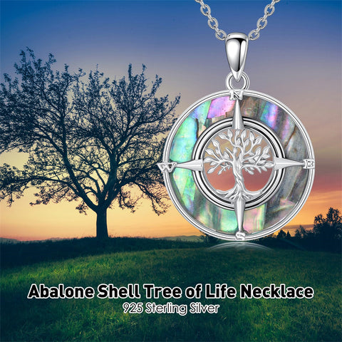 Sterling Silver Abalone Shell  Mountain Tree of Life  Compass Pendant Necklace for Women