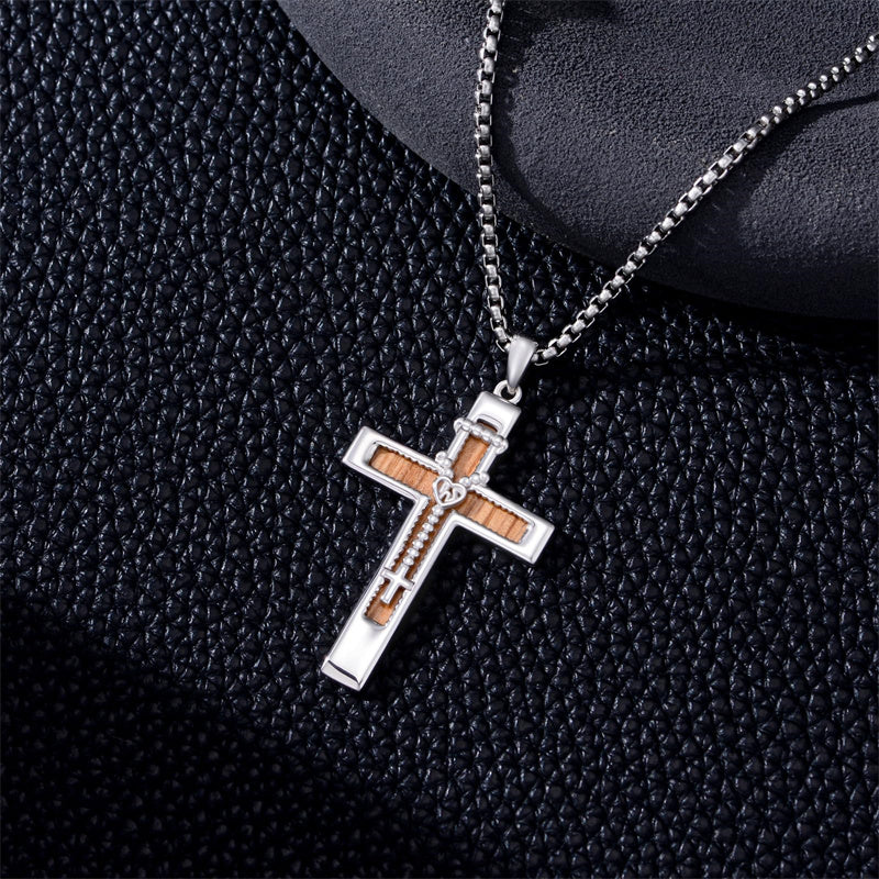 Sterling Silver Wooden Cross Pendant Necklace