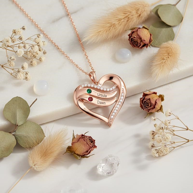 10K 14K 18K Gold  Personalized 1-4 Birthstones Engraved Heart Necklace for Women