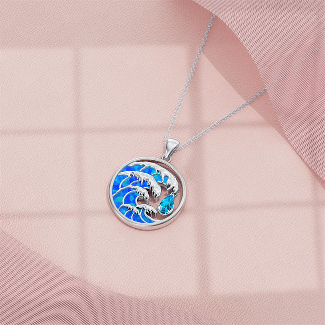 Ocean Wave Necklace Sterling Silver Opal Wave with Crystal Necklace for Women Anniversary Birthday Summer Gift for Wife Mother