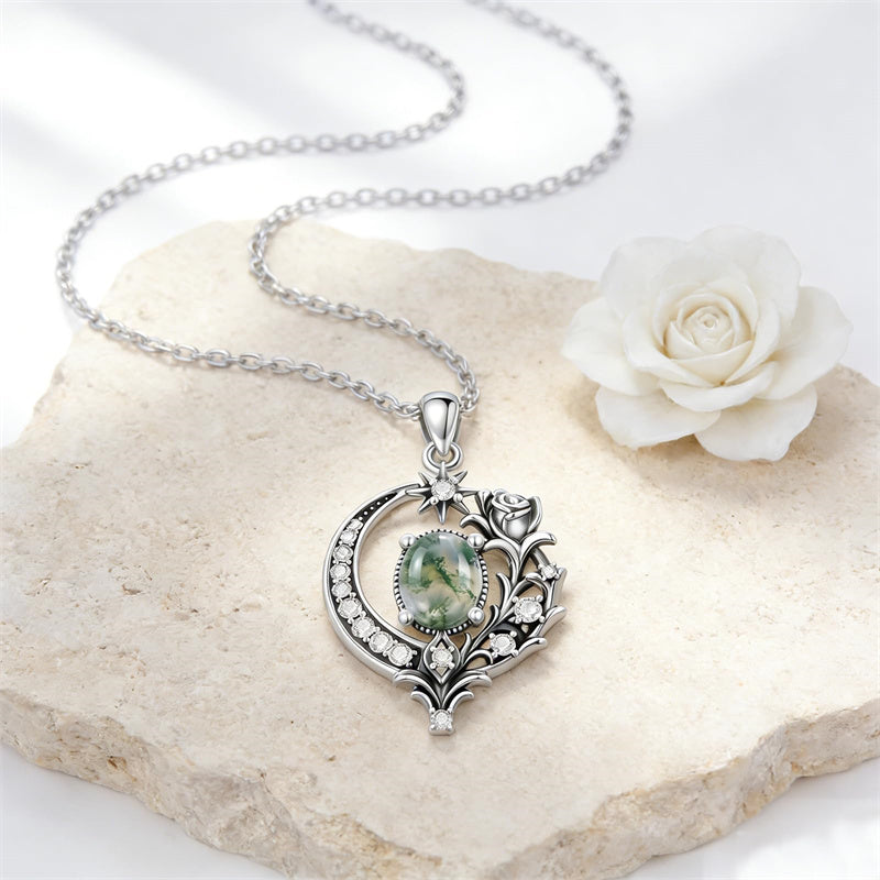 Sterling Silver Moss Agate Celtic Knot Rose Claddagh Filigree Pendant Necklace