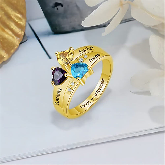 10K 14K 18K Solid Gold Personalized Ring with 3 Birthstones and Names Customized Gold Engraved Family Name Rings