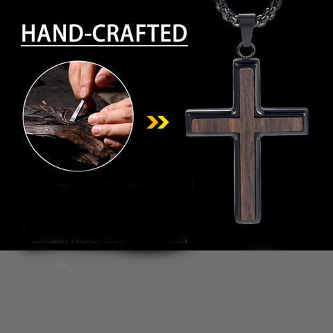 14K Gold Plated Wooden Cross Necklace for Men with Stainless Steel Adjustable Chain