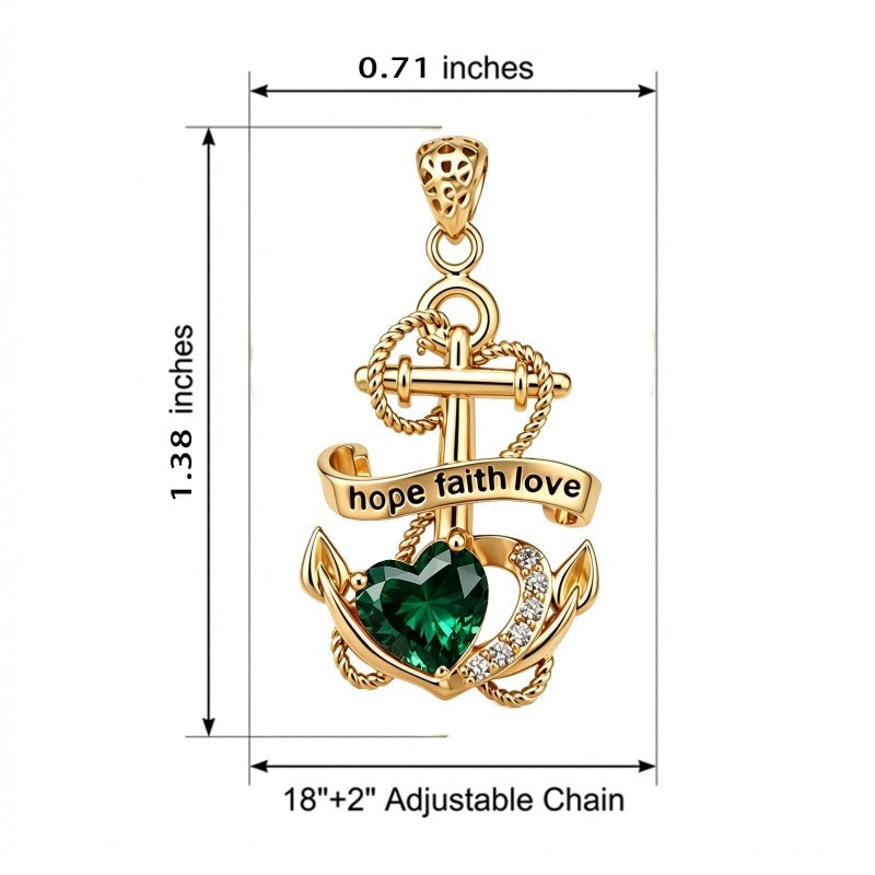 14K Gold Plated Heart Birthstone Anchor Necklace Engraved with Hope Faith Love