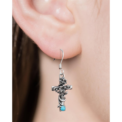 Sterling Silver Turquoise Flower Cross Dangle Earrings