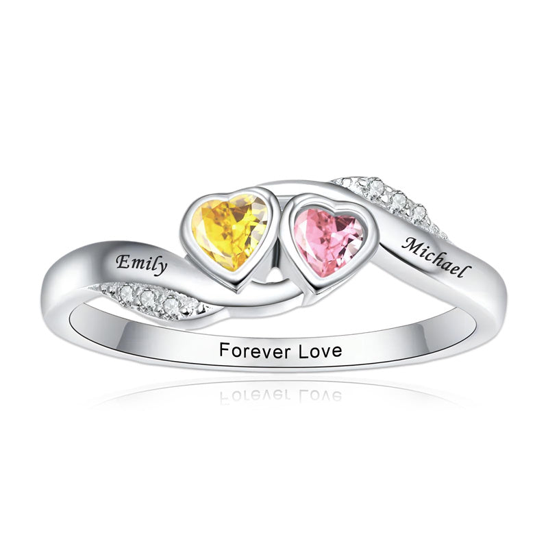 10K 14K 18K Gold Personalized 2 Birthstones Engraved Ring Mother's Day Gift