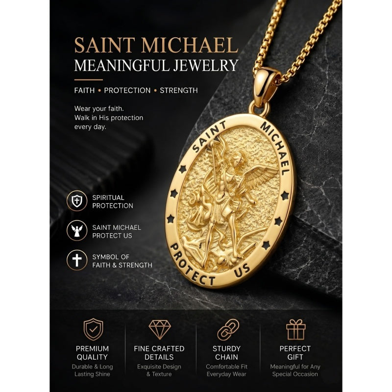 14K Gold Plated Saint Medal Christian  Pendant Necklace for Men