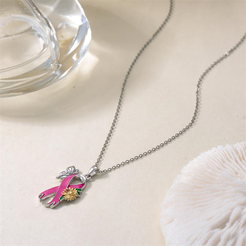 Sterling Silver Butterfly Glove Fight Sunflower Pink Ribbon Pink Breast Cancer Awareness Pendant Necklace