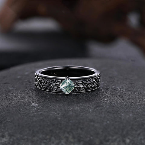 Sterling Silver 10K 14K 18K Gold Natural Leaf  Moss Agate Engagement Anniversary Couple Ring Sets
