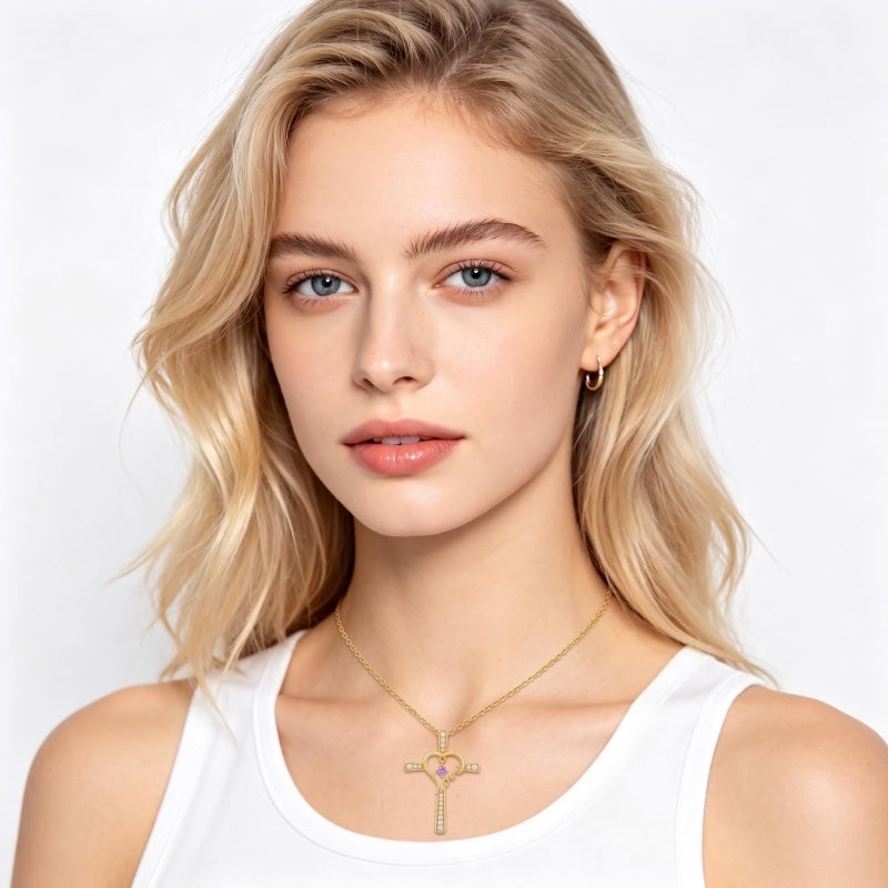 14K Gold Plated  Birthstone  LOVE Heart Cross Necklace for Women Faith Jewelry