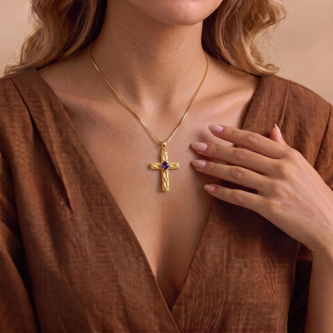 14K Gold Plated Birthstone Cross Pendant Necklace for Women  Anniversary Christmas Birthday Gift