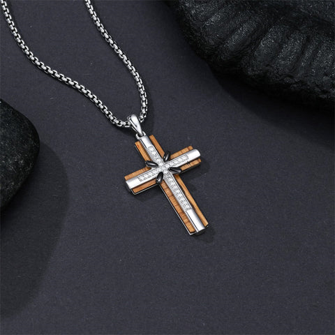 Sterling Silver Wooden Cross Pendant Necklace