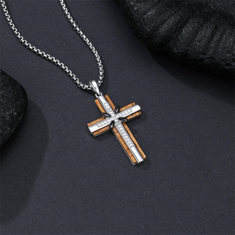 Sterling Silver Wooden Cross Pendant Necklace