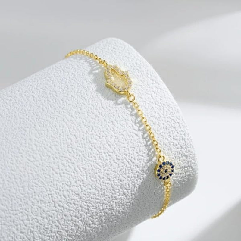 14K Gold Plated  Cubic Zircon Evil Eye Hamsa Hand Bracelets for Women