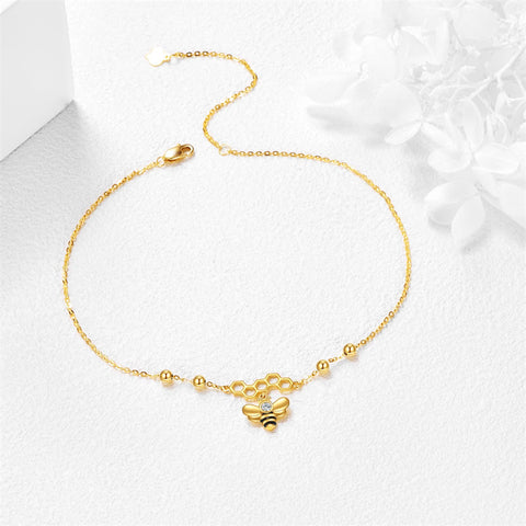 9K Gold Ankle Bracelets Yellow Gold Honeycomb Bee Anklets Gine Gold Honey Bee Adjustable Anklets Jewelry Gifts for Women Girls