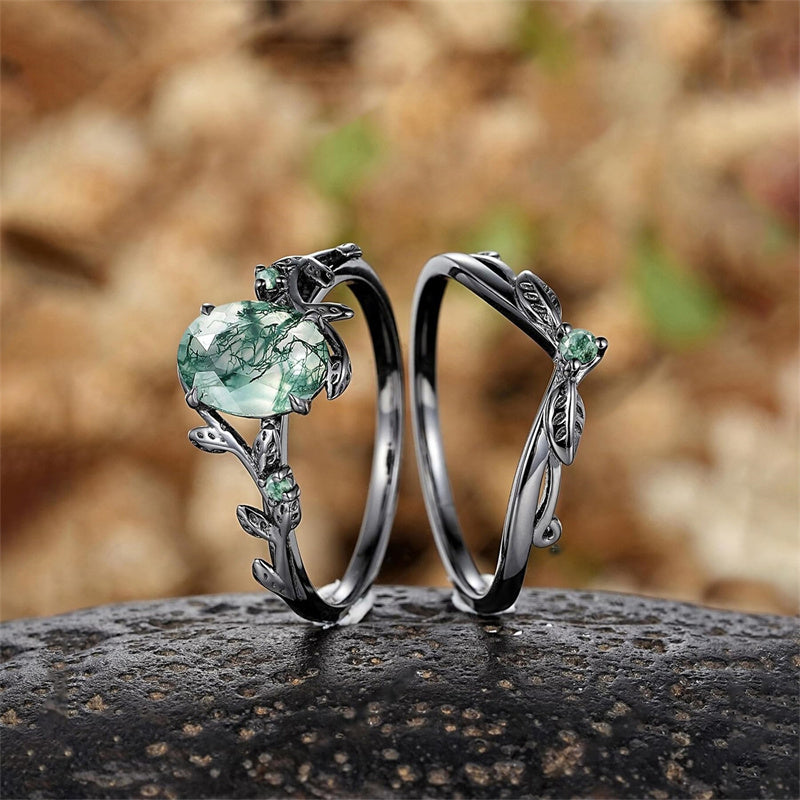 Sterling Silver 10K 14K 18K Gold Vintage Nature Moss Agate Engagement Ring Sets for Women