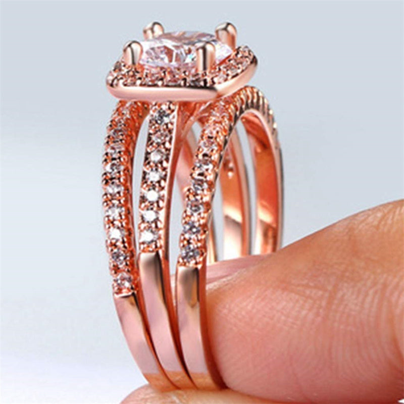 Copper Cubic Zirconia Three-in-One Halo Engagement Wedding Band Ring Set
