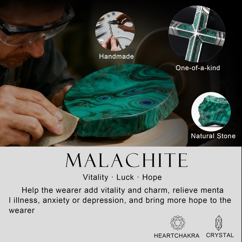 14K Gold Plated Turquoise Malachite Cross Necklace for Men Christianity Cross Jewelry
