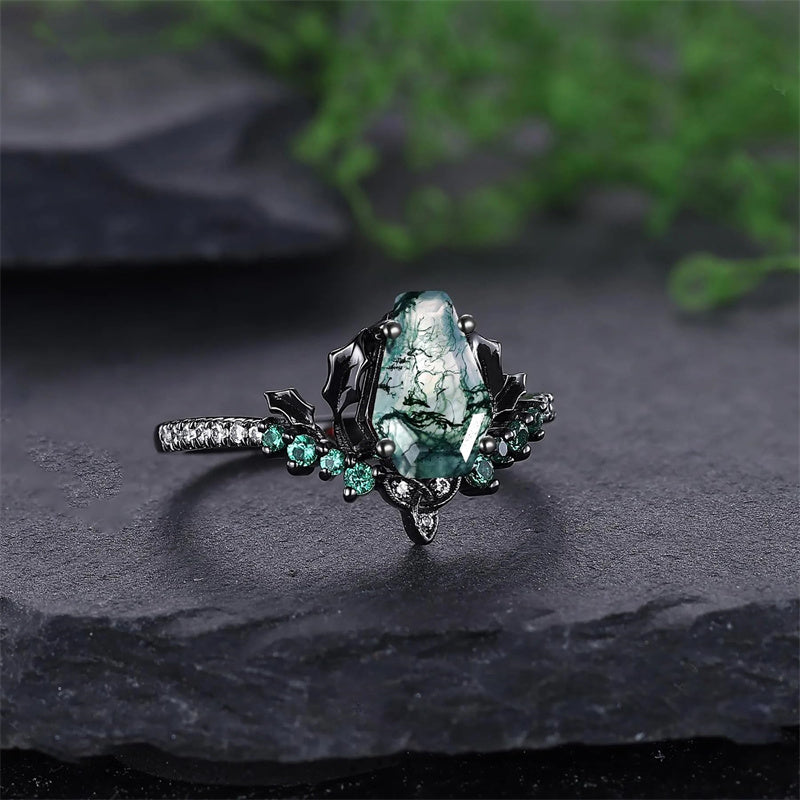 Sterling Silver 10K 14K 18K Gold Natural Leaf  Moss Agate Engagement Anniversary Couple Ring Sets