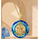 14K Gold Plated Blue Crystal Saint Protection Pendant Necklace Amulet Baptism Gift