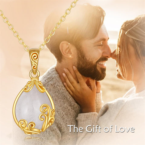 10K 14K 18K Yellow Gold Moonstone Opal Black Onyx Filigree Pendant Necklace