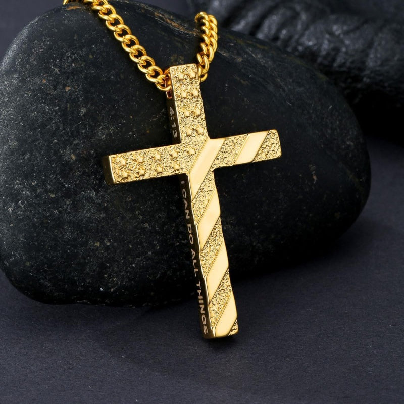 Bible Verse 14K Gold Plated American Flag Cross Necklace for Men