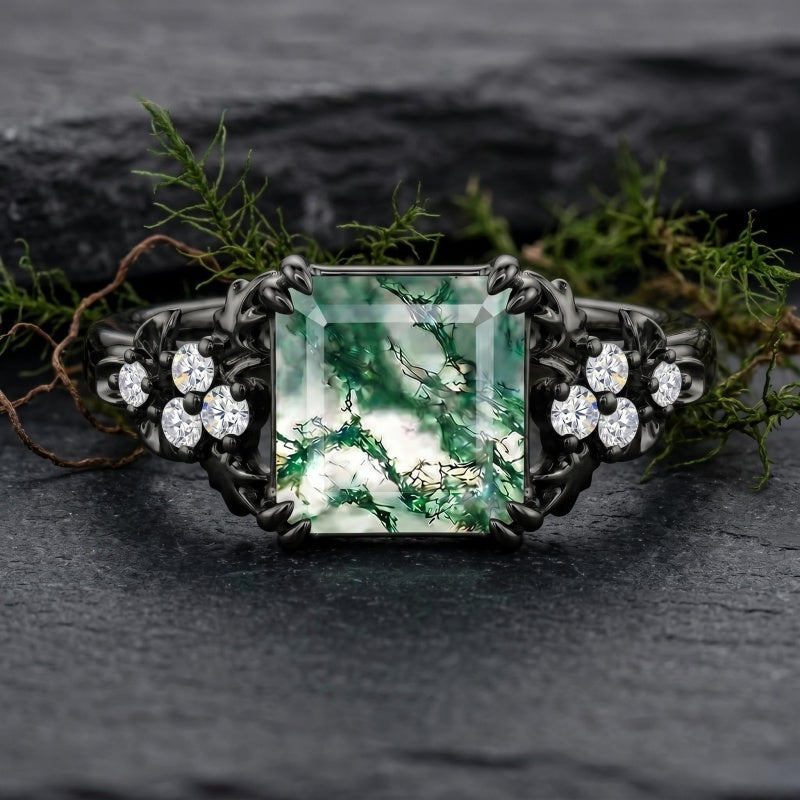 Sterling Silver 10K 14K 18K Gold 1-4CT Moss Agate Engagement Ring Promise Ring