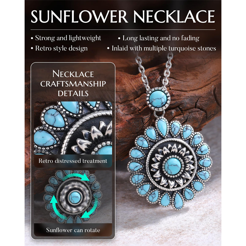 Sterling Silver Turquoise Cone Sunflower Tree of Life Pendant Necklace