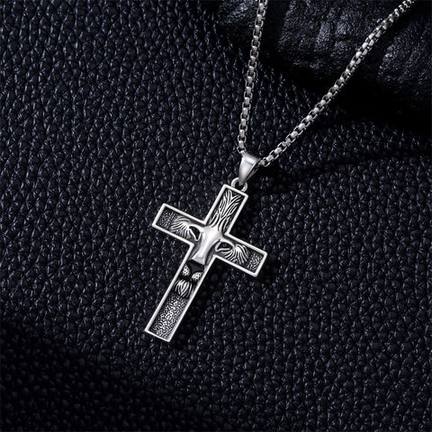 Sterling Silver Wooden Lion Orthodox Sword Wolf Cross Pendant Necklace