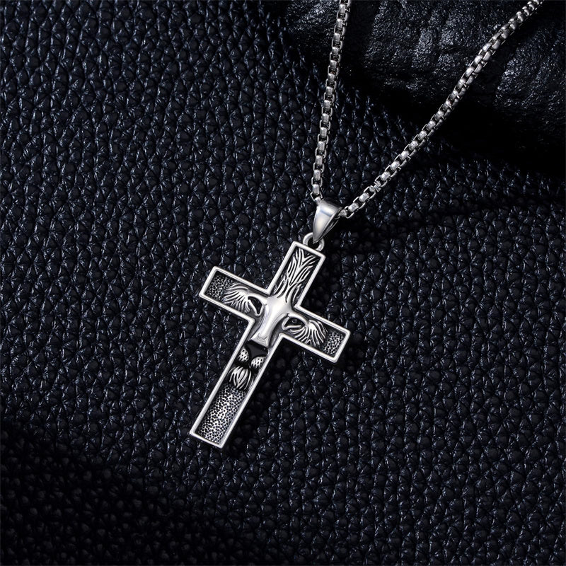 Sterling Silver Wooden Lion Orthodox Sword Wolf Cross Pendant Necklace