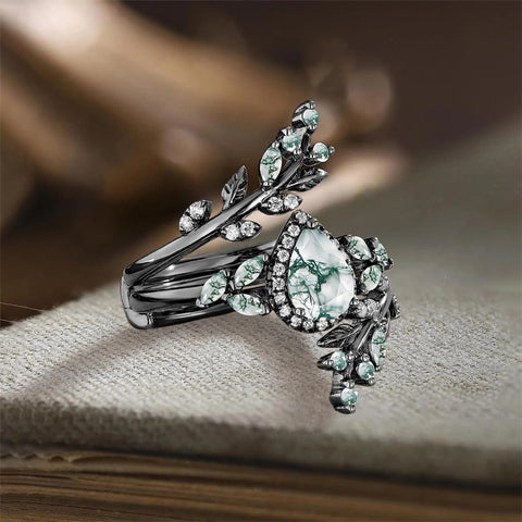 Sterling Silver 10K 14K 18K Gold 2CT Moss Agate Vine Leaf Women's Bridal Ring Sets for Wedding Engagement