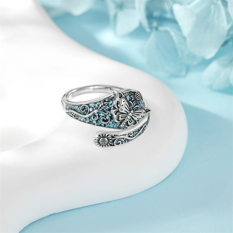 Sterling Silver Turquoise Hummingbird Butterfly Sunflower Adjustable Spoon Ring