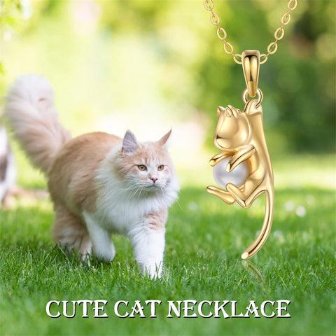 14K Gold Pearl Cat Pendant Necklace