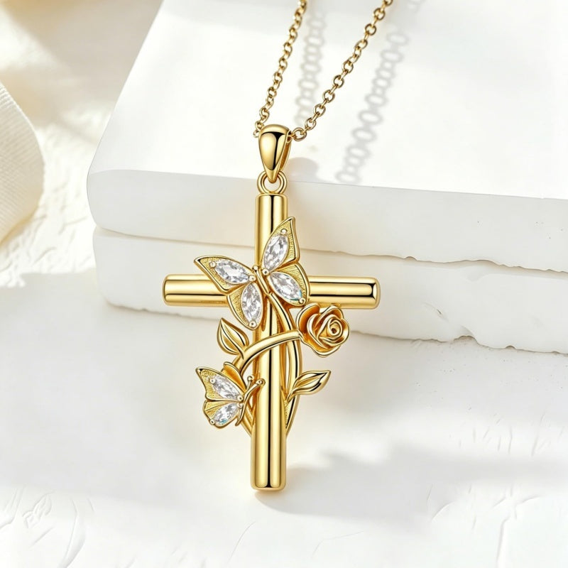 Birthston Butterfly Rose 14K Plated Gold Cross Pendant Necklace for Women