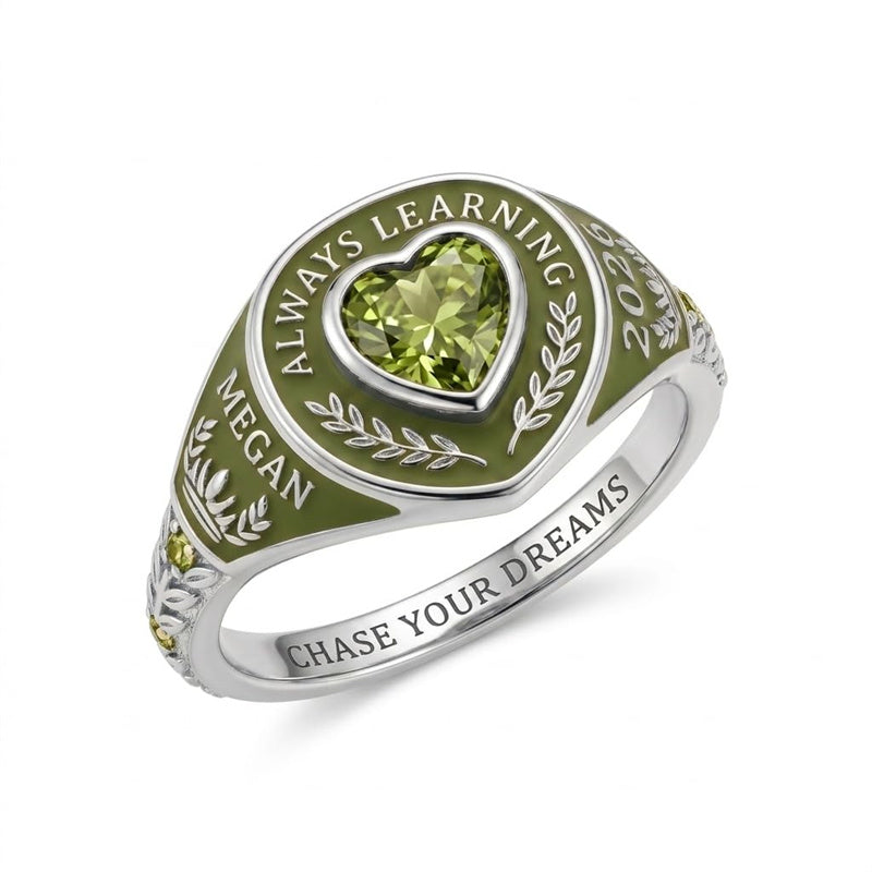 Sterling Silver  Laurel Wreath Personalized Heart  Birthstone Engraved  Class Ring for Women