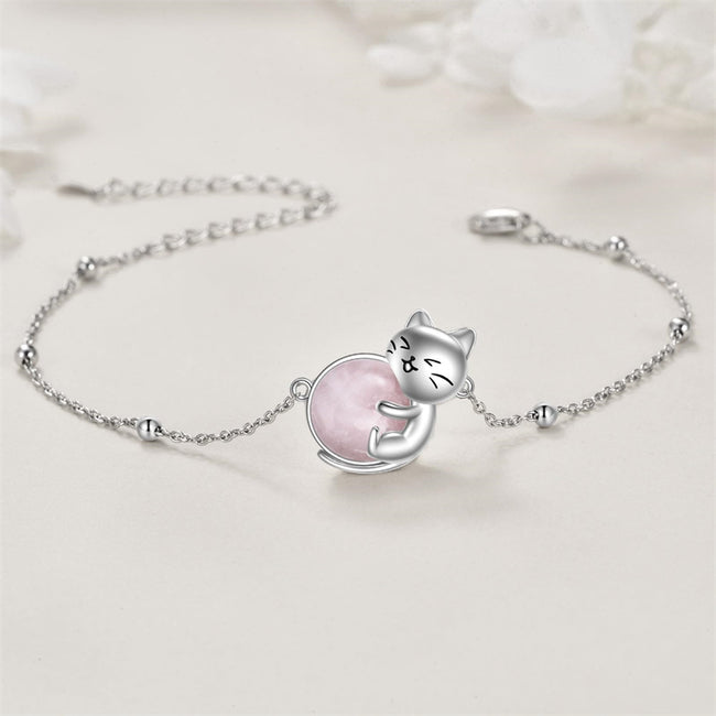 Cat Bracelet Sterling Silver Cat Anklet with Rose Quartz Jewelry Gifts for Women Girls Cat Lovers