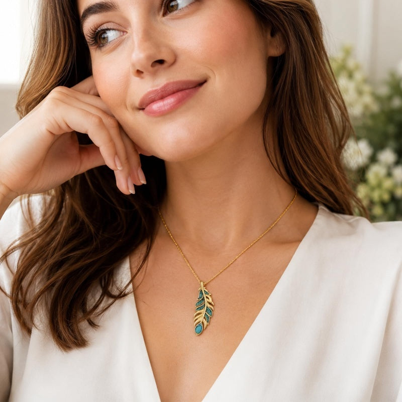 14K Gold Plated Feather Pendant Necklace for Women