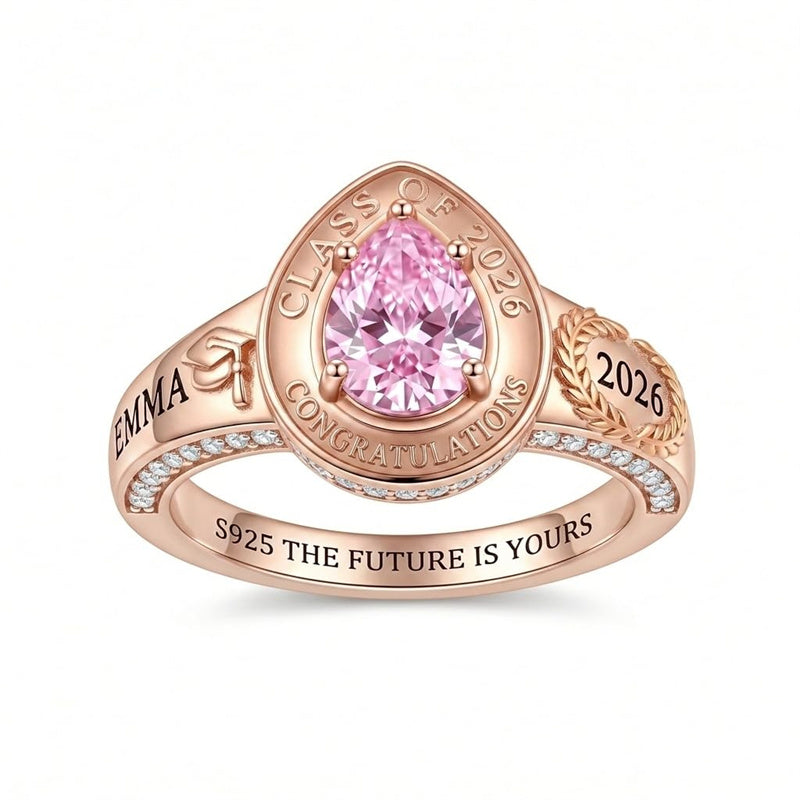 Sterling Silver Personalized Birthstone Engraved Class Ring for Women, Elegant Graduation Gift