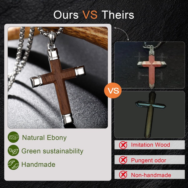 14K Gold  Plated Wooden Cross Crucifix Pendant Necklace for Men