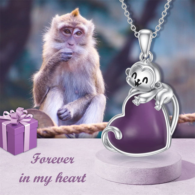 Monkey Necklace 925 Sterling Silver Cute Monkey with Created Amethyst Moonstone Turquoise Pendant Necklace for Women