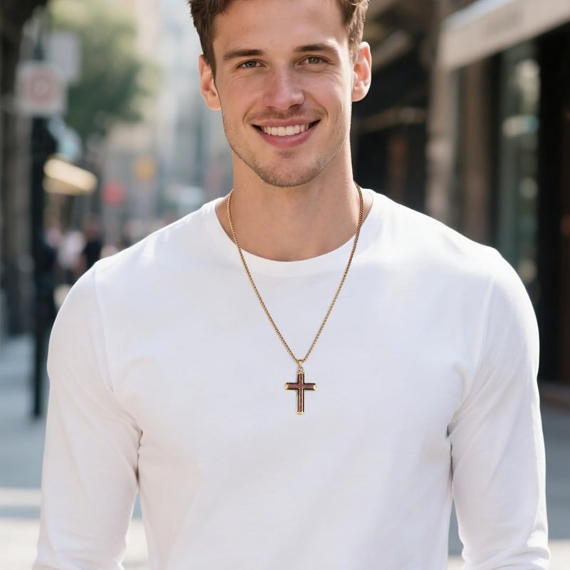 14K Gold Plated Wooden Cross Necklace Jewelry Gift for Him